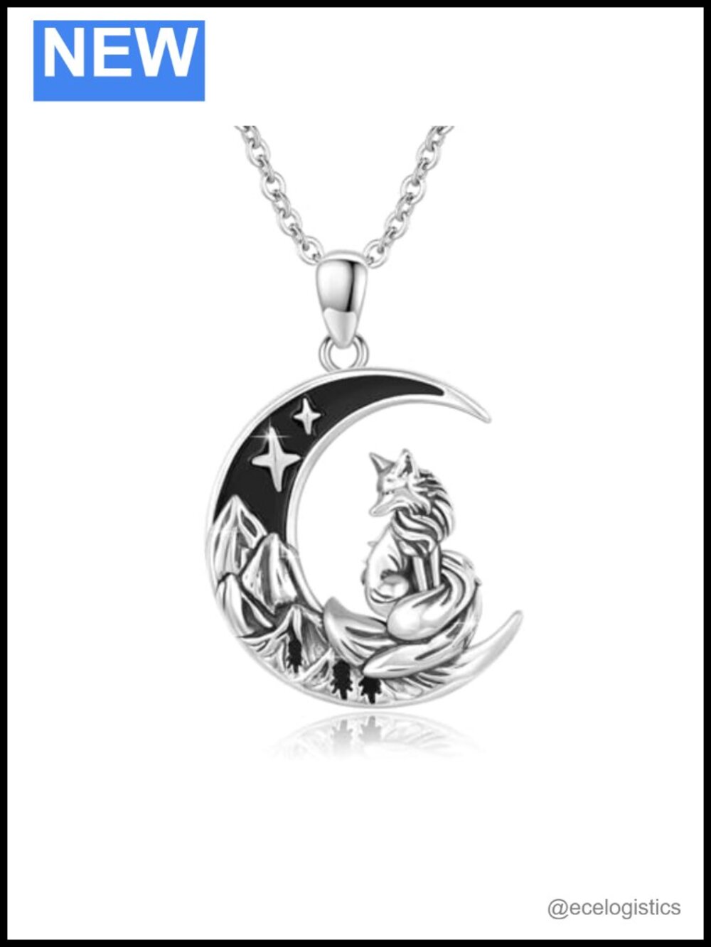 925 Sterling Silver Fox Moon Pendant Necklace 18 In Chain